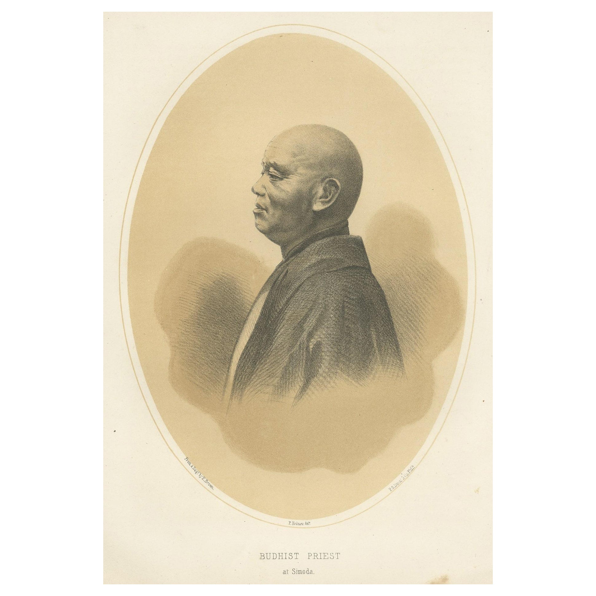 Old Lithograph of a Buddhist priest of Shimoda, Japan, 1856