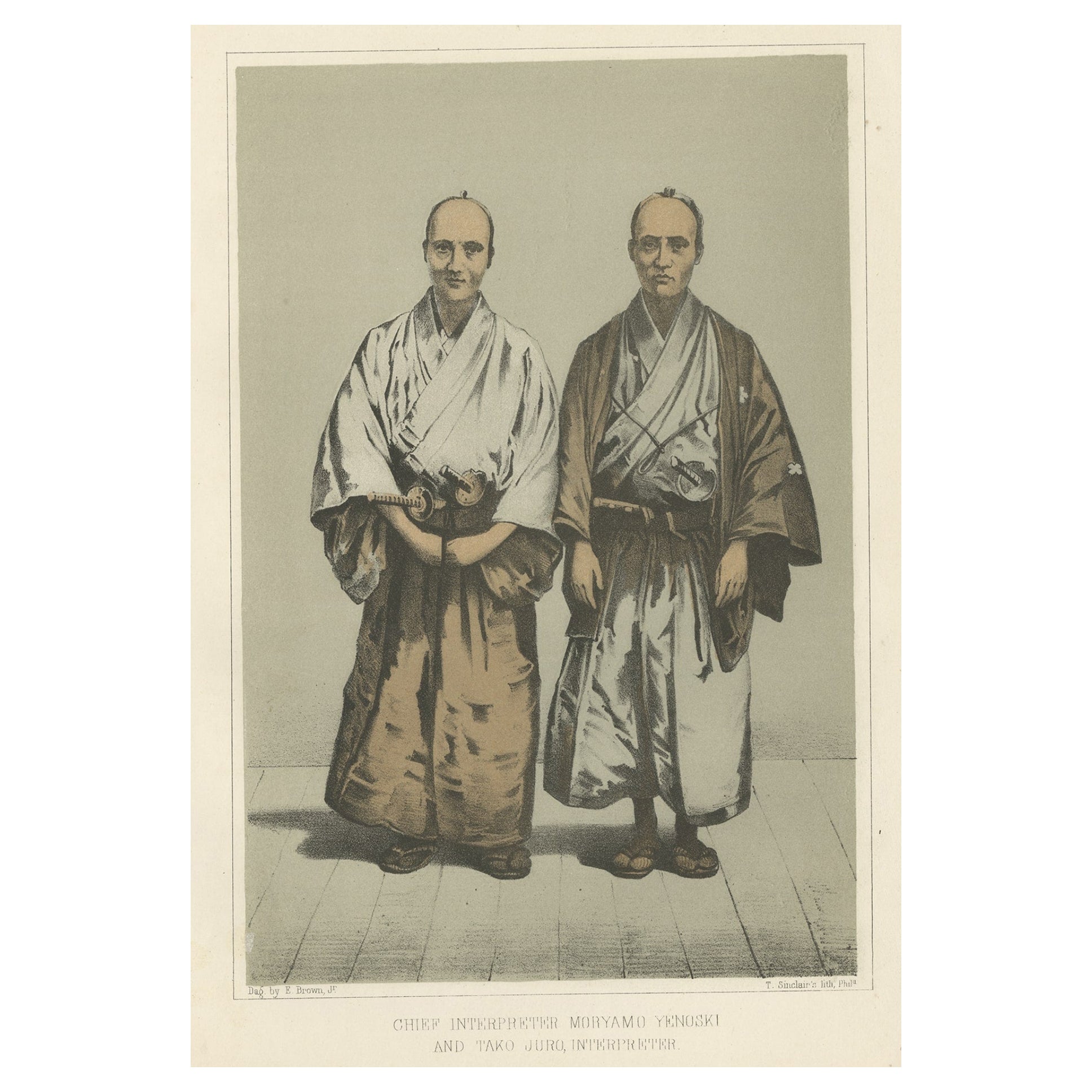 Antiker Druck japanischer Interpreten der Perry-Expedition in Japan, 1856