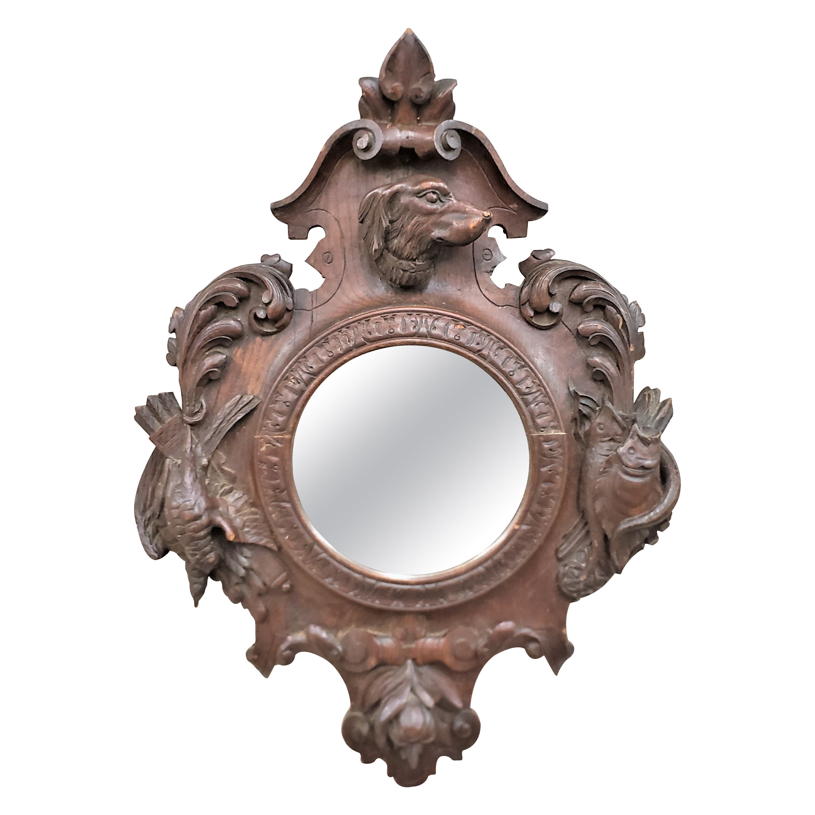 Antique Black Forest Styled Carved Oak Wall Mirror with Hunting and Game  Motif For Sale at 1stDibs | antique scrying mirror, black forest mirror
