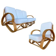 Rare "S Arm" 3-Strand Rattan Sofa and Lounge Chair Living Room Set