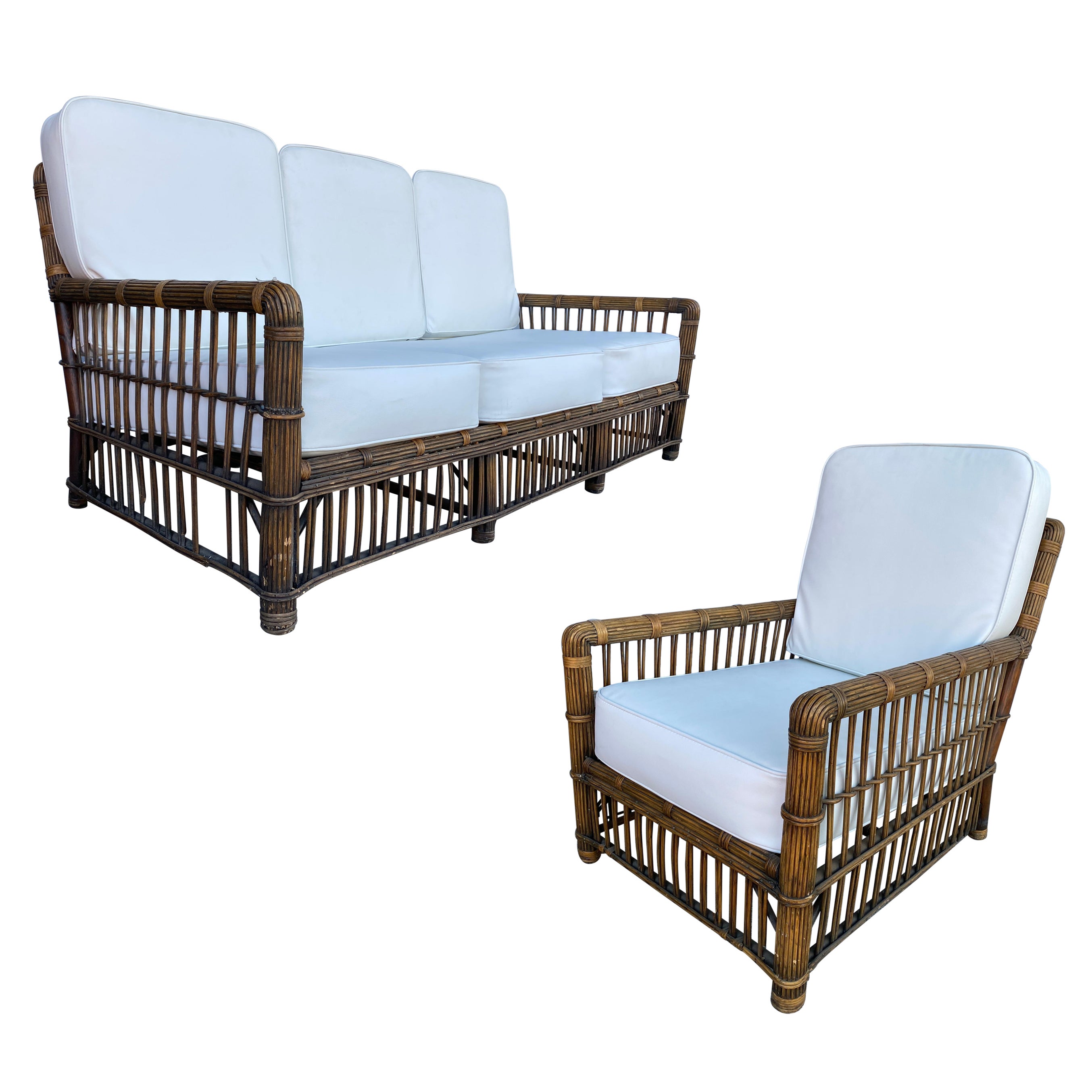 "President's" Art Deco Stick Rattan Sofa and Lounge Chair Living Room Set For Sale