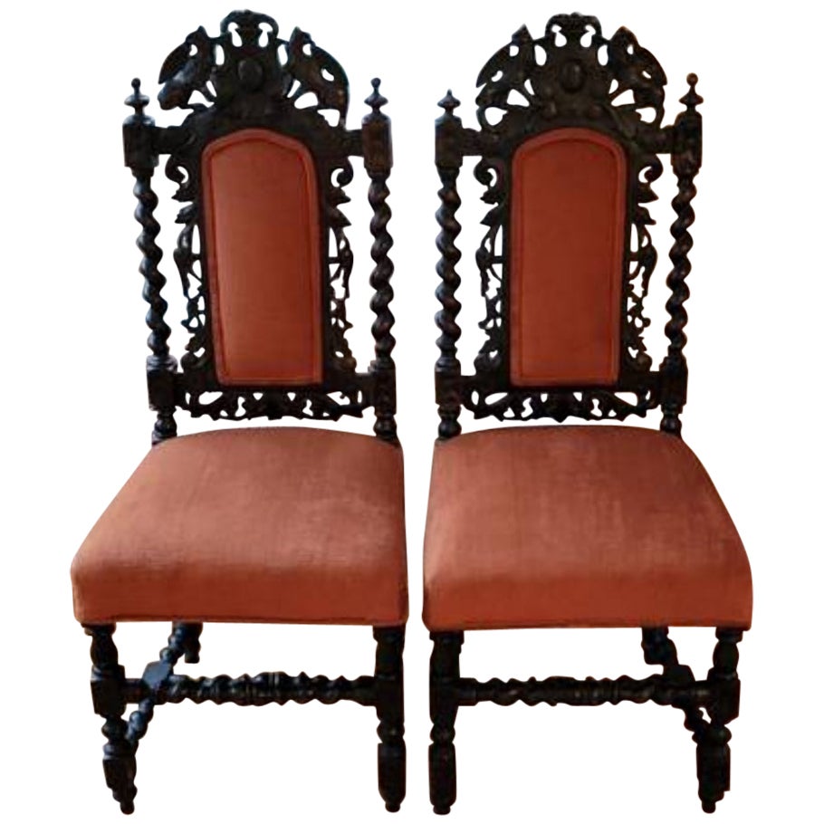 1910s Hand Carved Barley Twist Jacobean Chairs, a Pair
