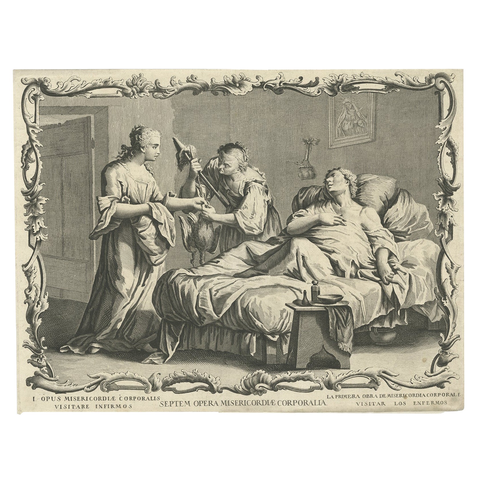 Original Antique Engraving of People Visiting the Sick, ca.1760 For Sale