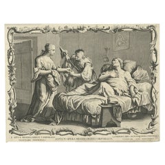 Original Antique Engraving of People Visiting the Sick, ca.1760