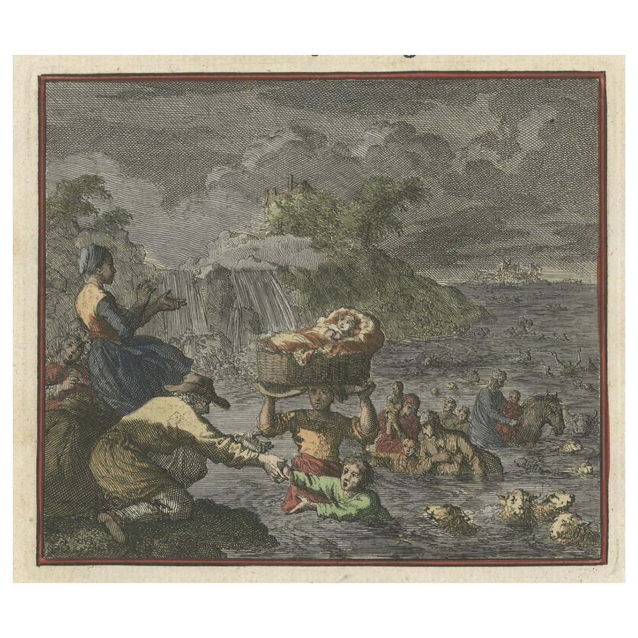 Grabado antiguo Vista de personas y animales siendo rescatados del mar, ca.1700