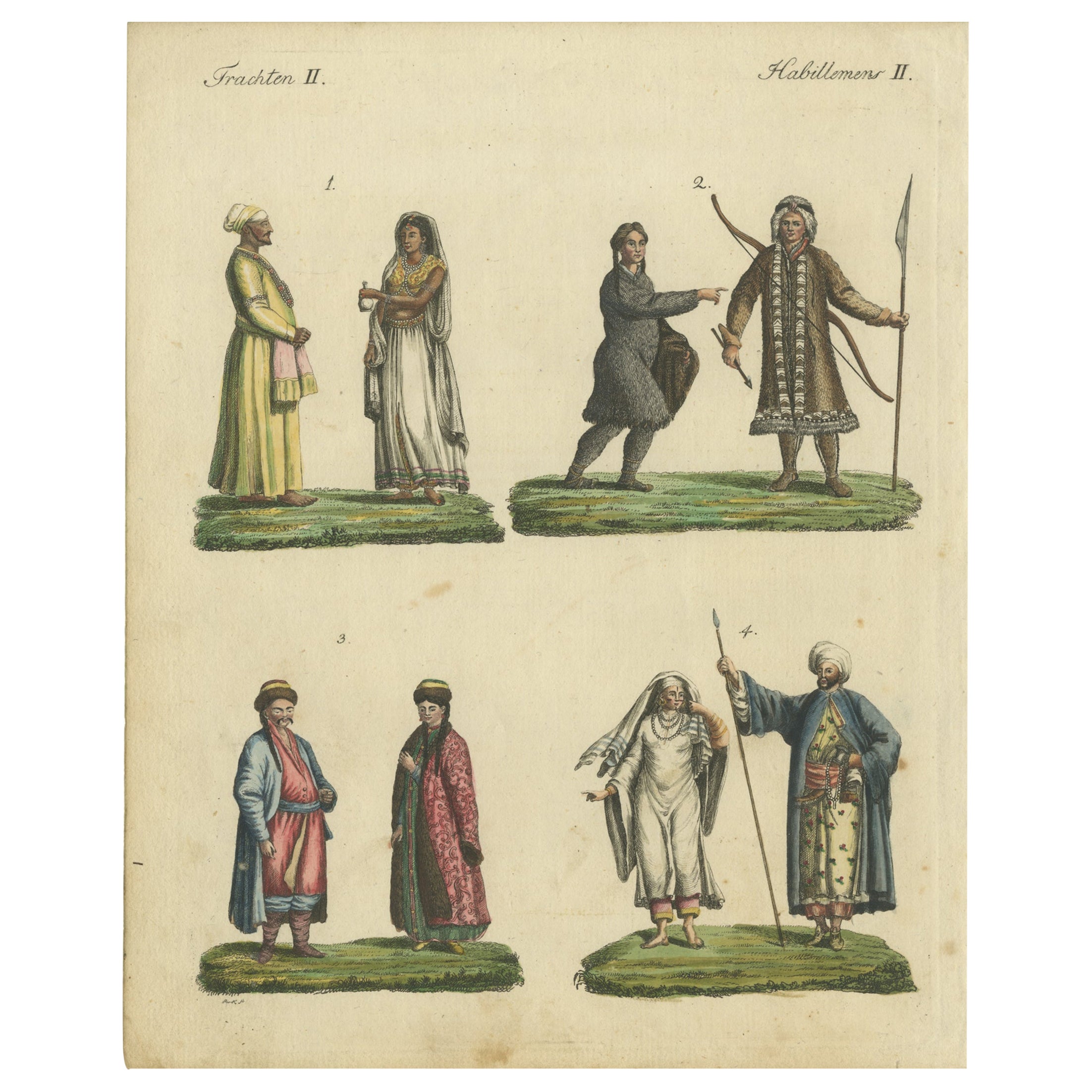 Hand-Colored Print of Asians from East India, Siberia, Kalmyk and Arabia, 1801 For Sale