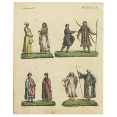 Antique Hand-Colored Print of Asians from East India, Siberia, Kalmyk and Arabia, 1801