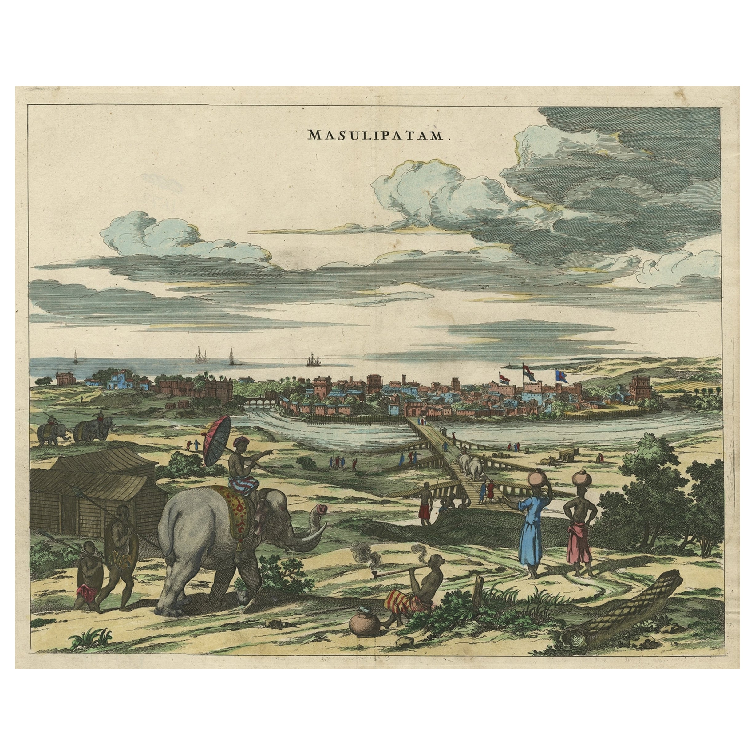 Gravure ancienne d'une estampe avec une vue de Masulipatam, Inde, 1672