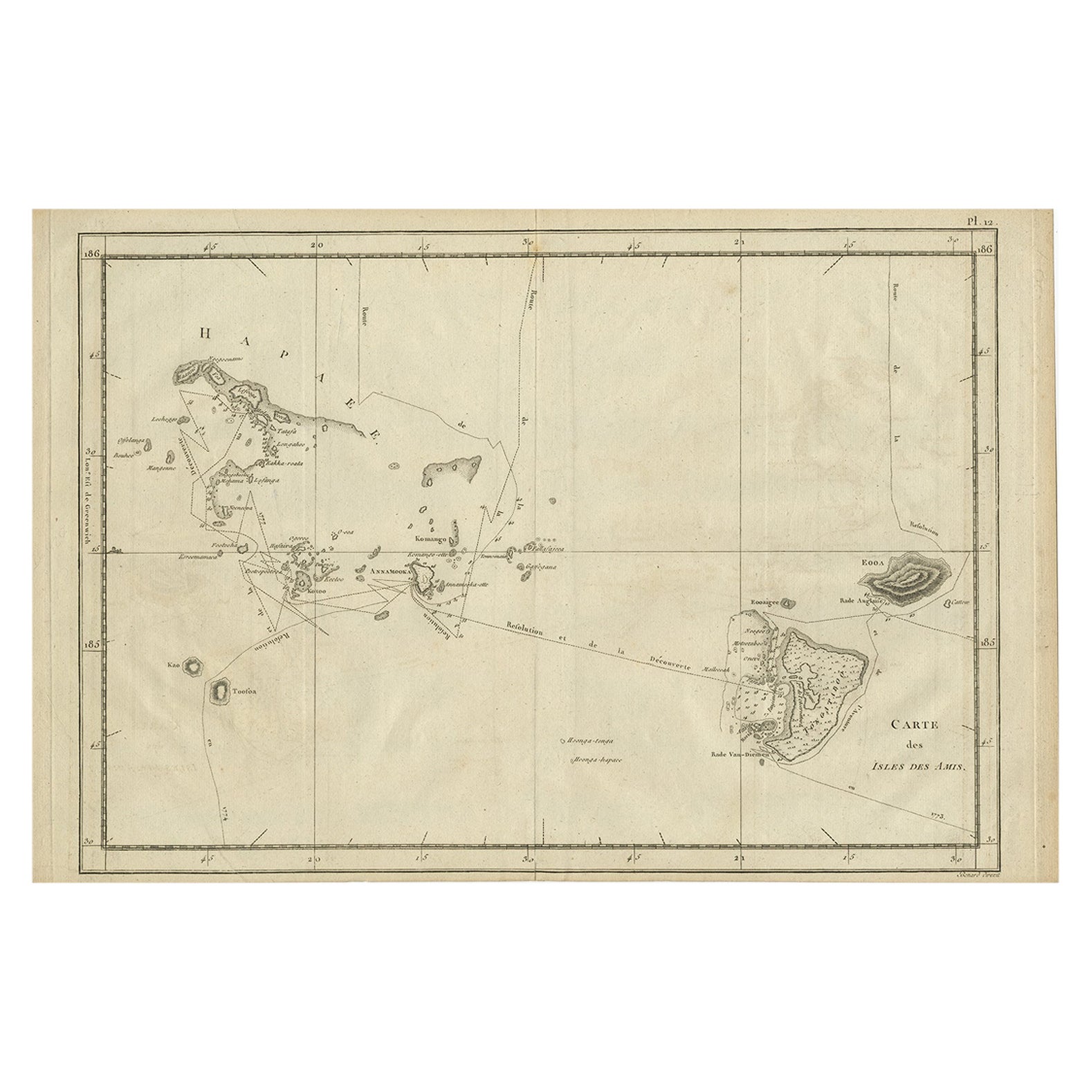 Carte ancienne gravée des îles amicales ou de Tonga, vers 1785