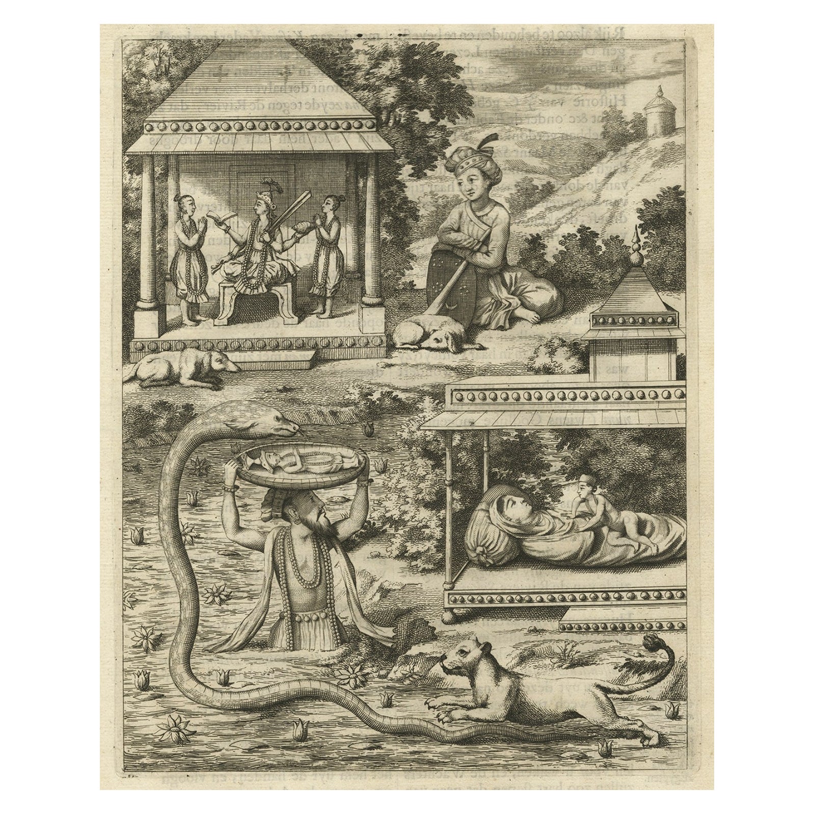 Antiker Druck des hinduistischen Gottes Vishnu, verkörpert als Krishna, 1672