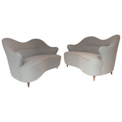 Finn Juhl Style Grey Wool Felt Pair of Two Seat Sofas, Italy, 1950