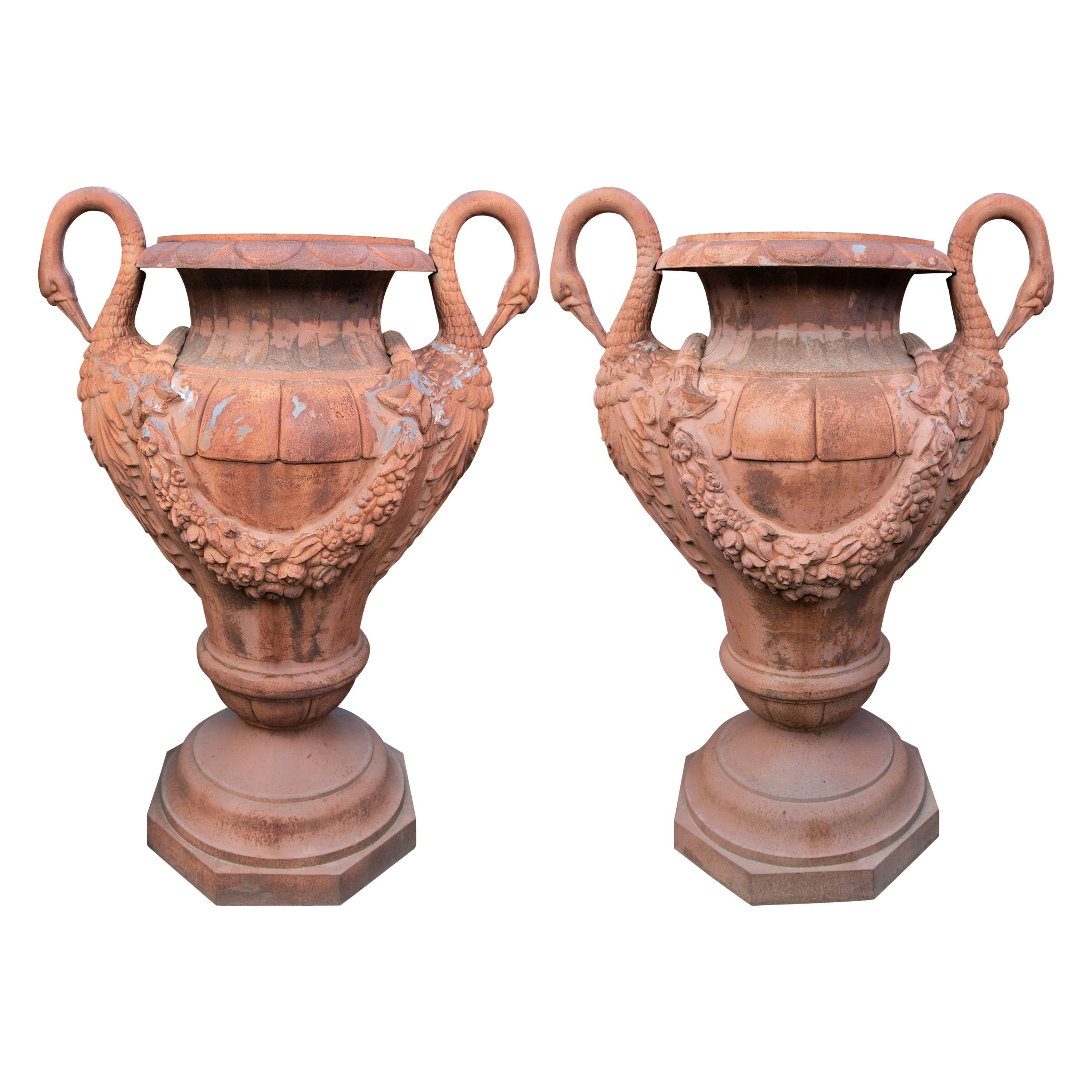Pair of Monumental 1990s Spanish Classical Cast Iron Urns w/ Swan Shaped Handles