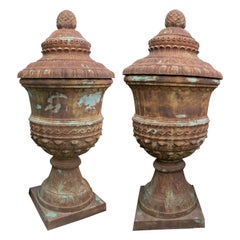 Vintage Pair of Monumental 1990s Classical Cast Iron Garden Urn Planters w/ Lids