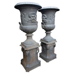 Pair of Monumental 1990s Spanish Classical Cast Iron Urn Planters w/ Bases