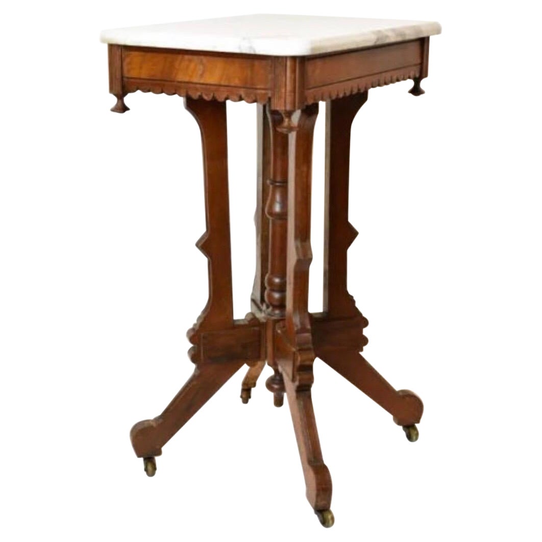 Antique Victorian Solid Walnut Wood with Marble Top Side Table For Sale