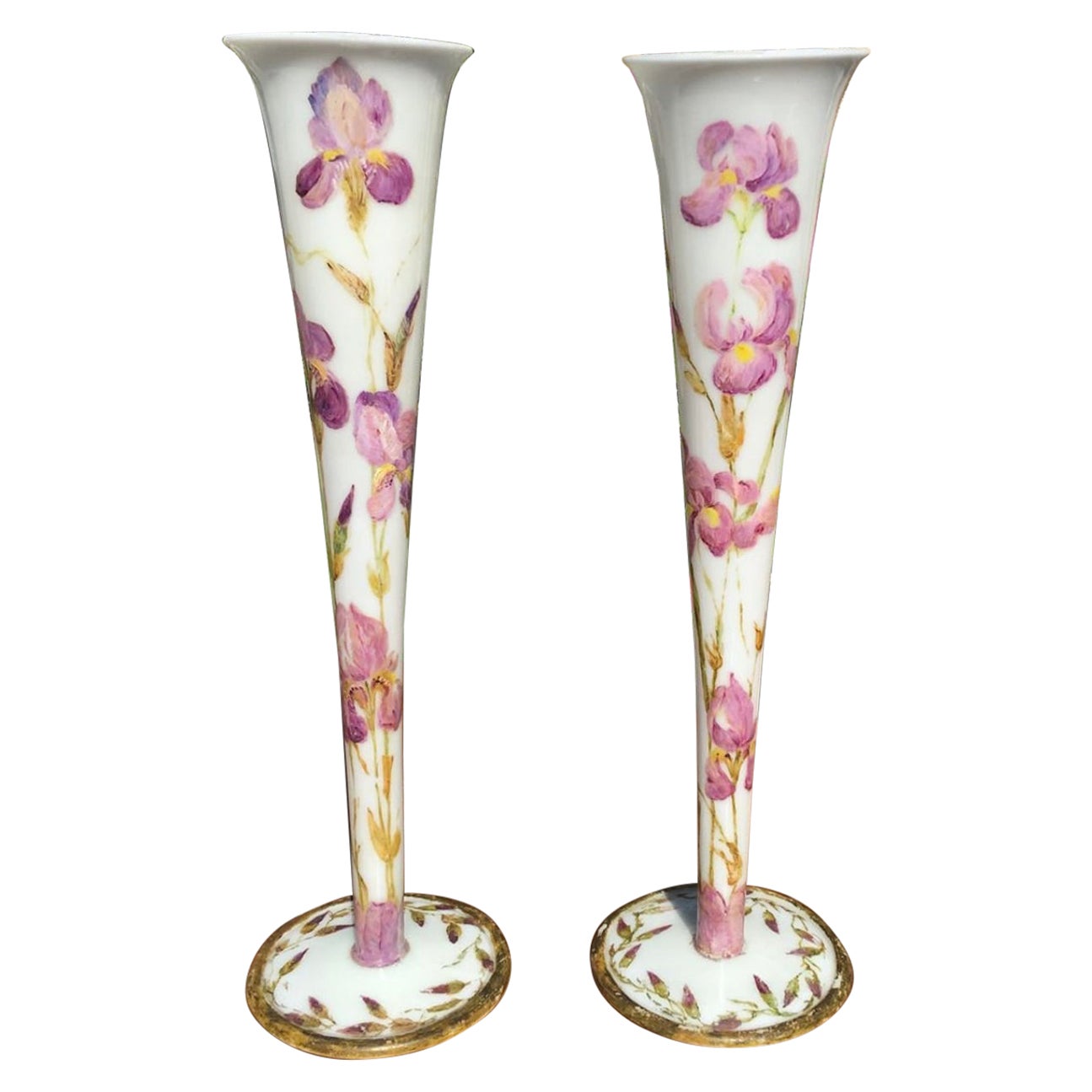 Pair of Large of Opaline Vases Decorated with Iris, 20th Century