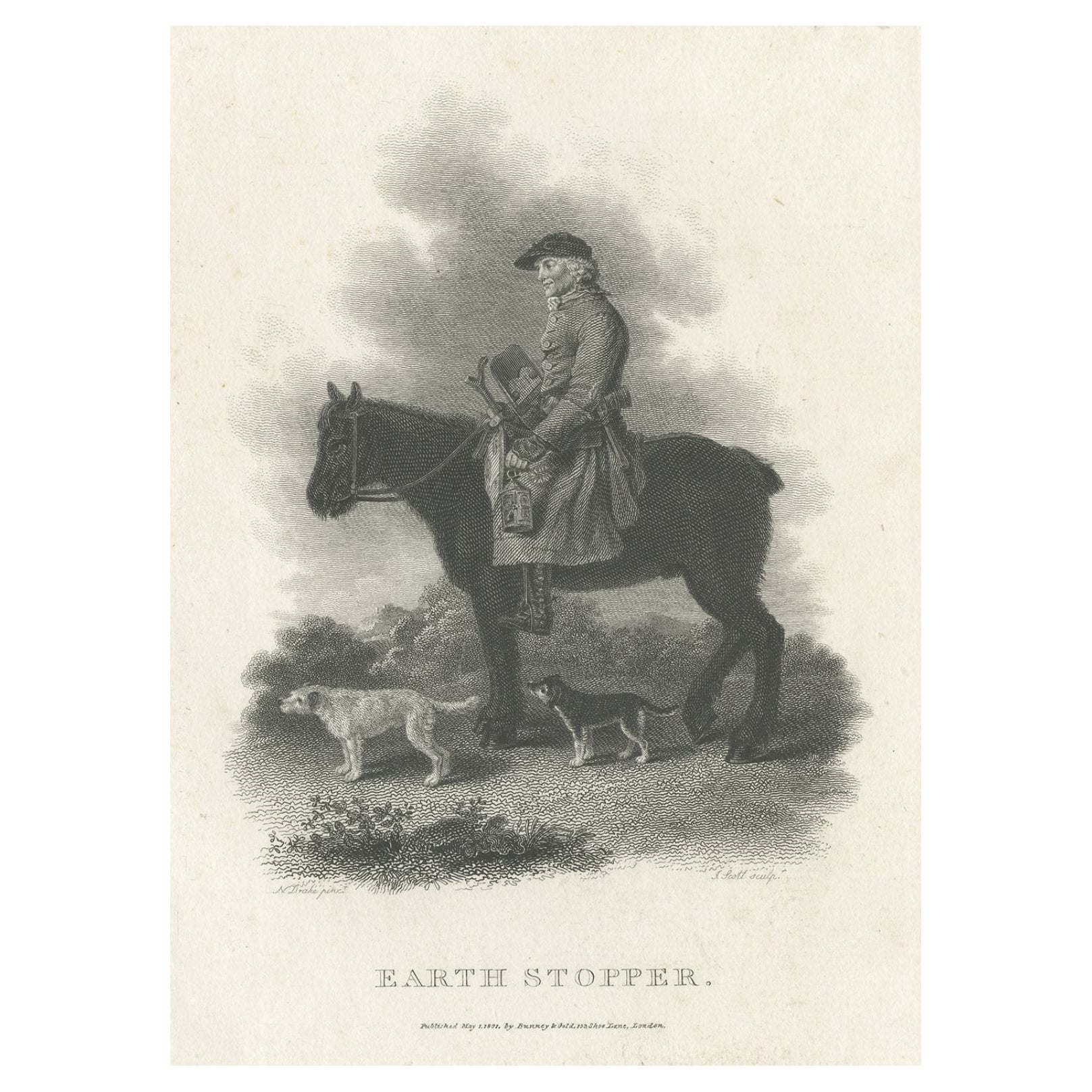 Old Print of an Earth Stopper, Who Stops Up Fox Holes Prior to a Hunt, 1801 For Sale