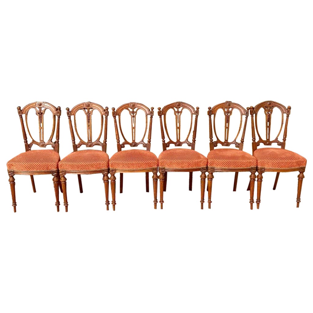 Suite of 6 Walnut Chairs, Louis XVI Style, 19th Century For Sale