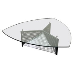 Mid-Century Iron Mesh Base & Triangular Glass Top Coffee Table