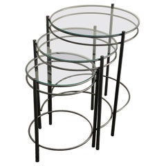 Set of Three Round Metal & Glass Nesting Tables with Glass Tops