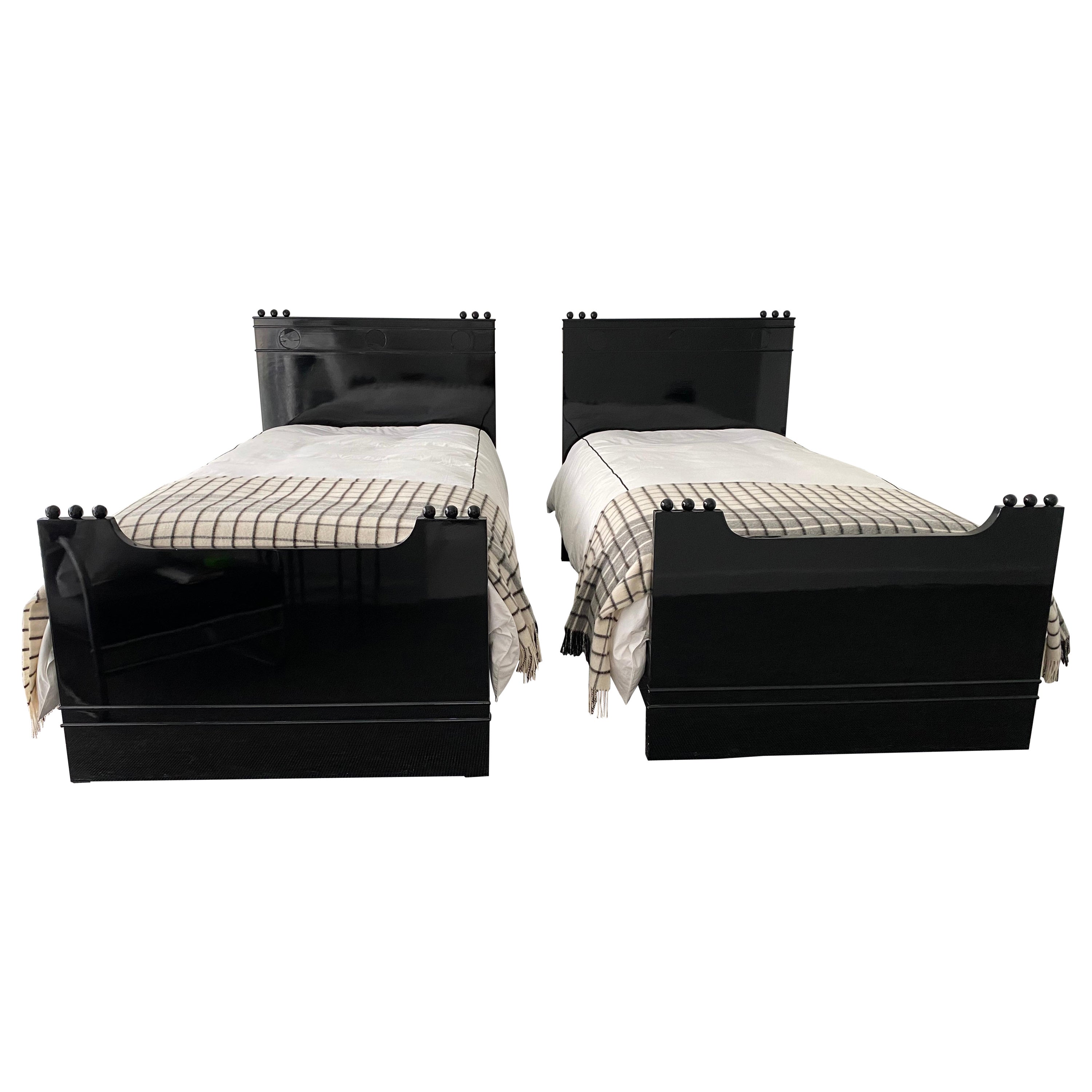 Unusual Pair of Black Lacquered Art Deco Twin Lady and Gentleman Bed Frames