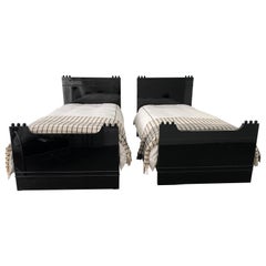 Antique Unusual Pair of Black Lacquered Art Deco Twin Lady and Gentleman Bed Frames