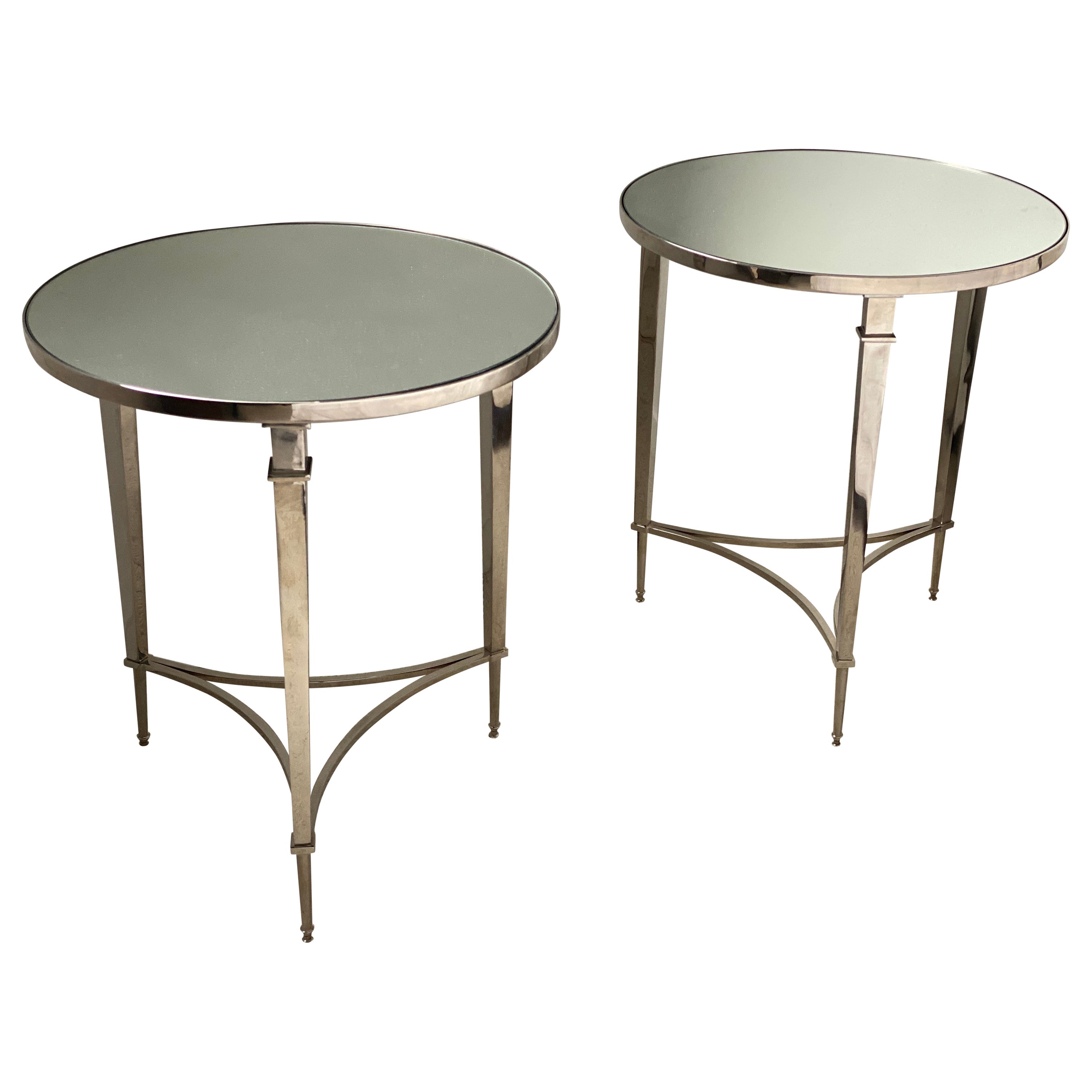 Pair of Modern Directoire Style Round Nickel End Tables with Mirror Tops