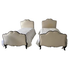Pair of Black Painted Louis XV Style Upholstered Twin Bed Frames