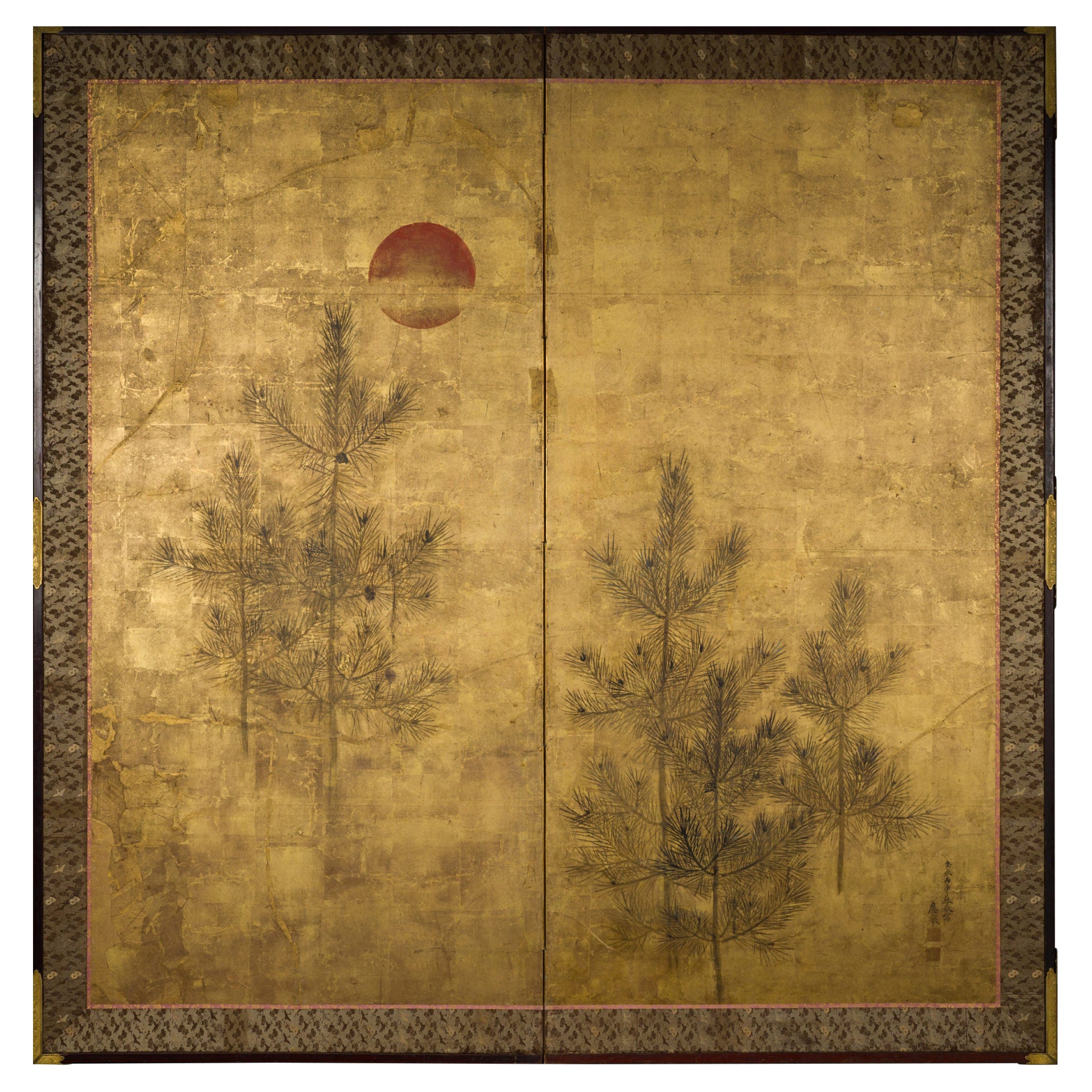 Japanischer japanischer Raumteiler mit zwei Tafeln aus Kiefer und roter Sonne auf Gold