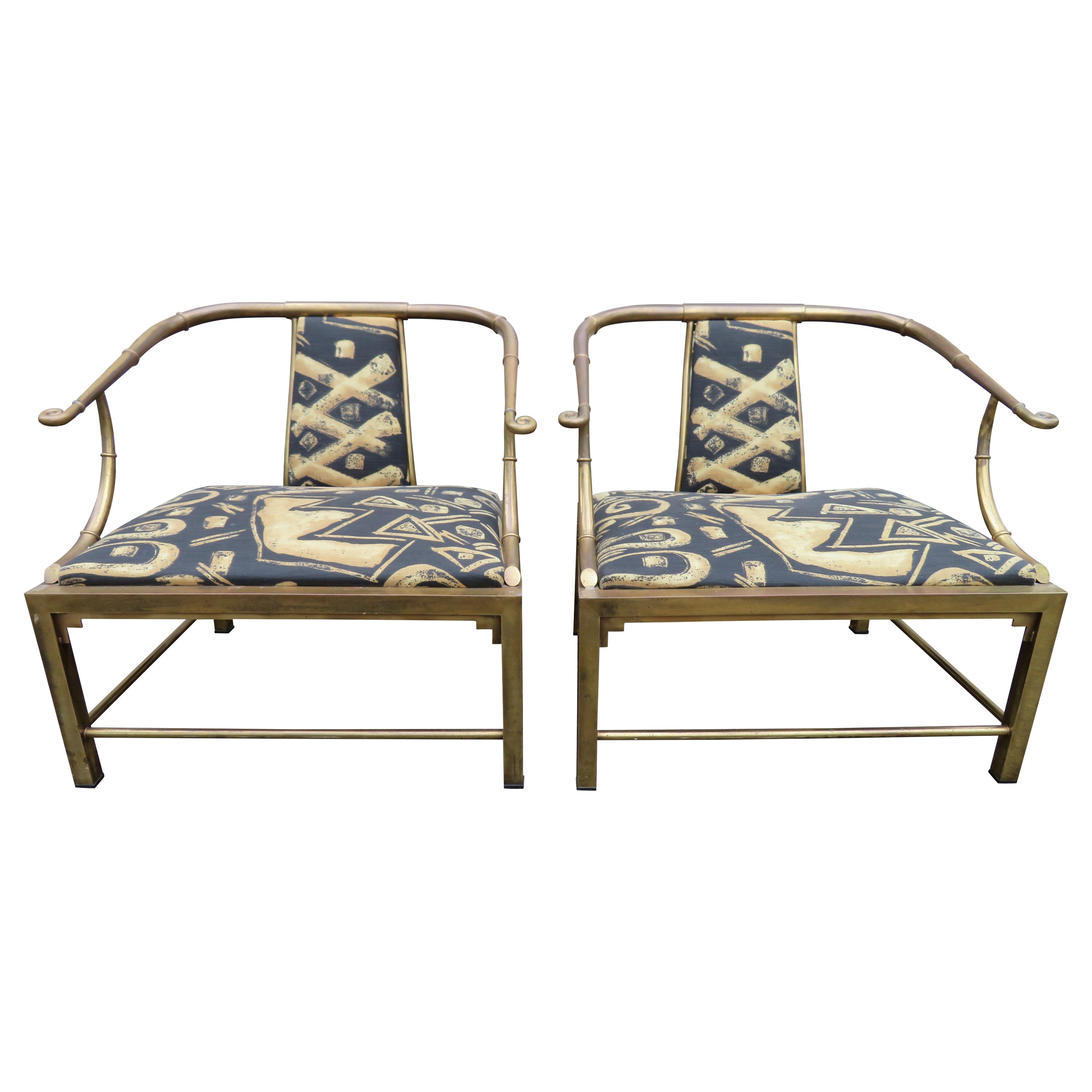 Unusual Pair Mastercraft Asian Horseshoe Back Brass Lounge Chairs Mid-Century  For Sale