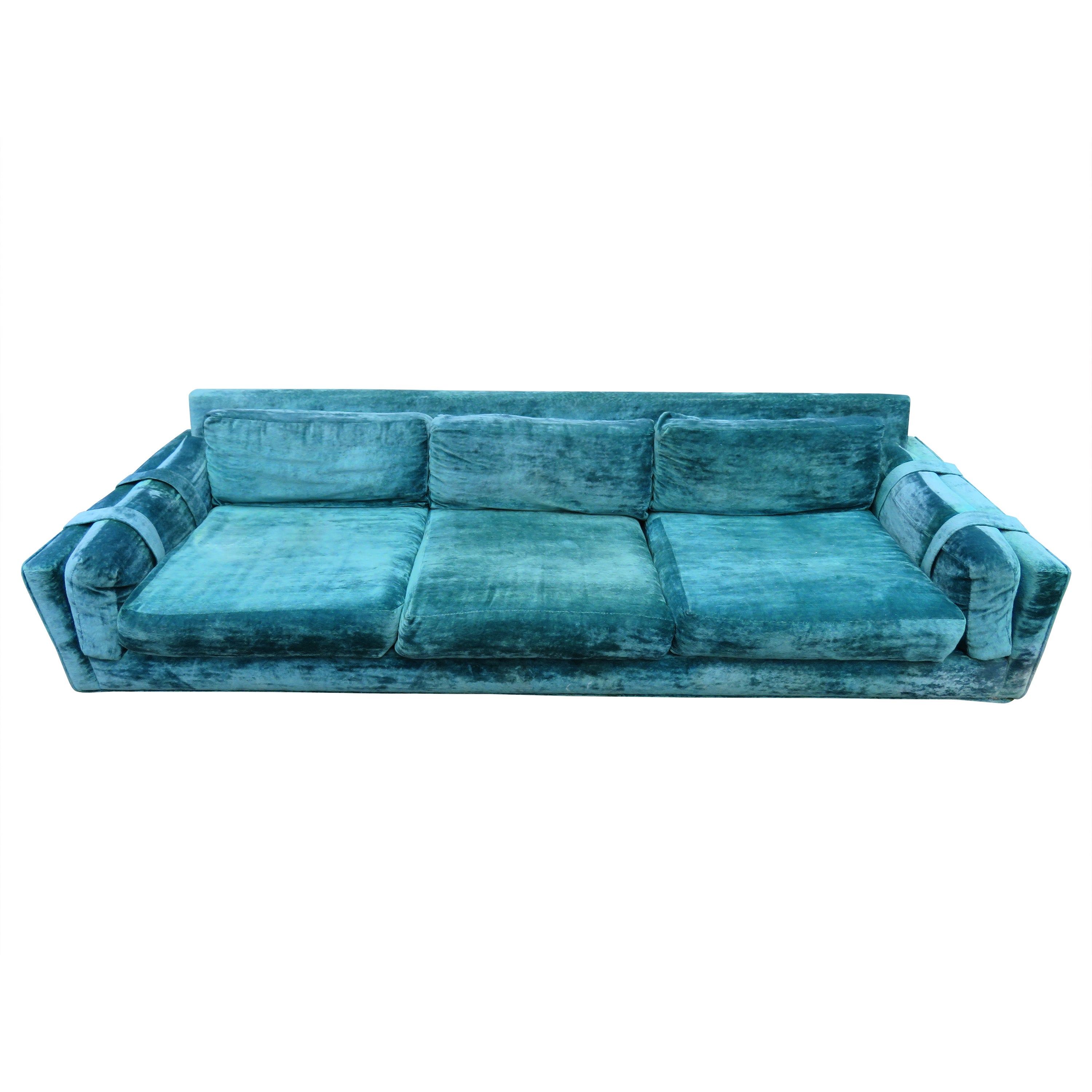 Handsome Milo Baughman Style Plinth Base Velvet Sofa Mid-Century Modern For Sale