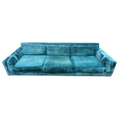 Handsome Milo Baughman Style Plinth Base Velvet Sofa Mid-Century Modern