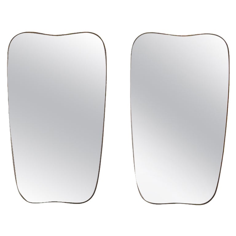 Pair of Italian Brass Mirrors with Rounded Edges