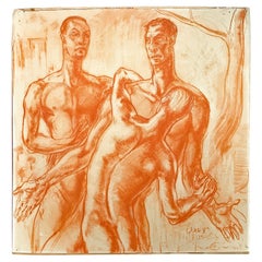 "Dance of the Three Nudes," Art Deco-Mannerist Drawing w/ Male Figures, 1935