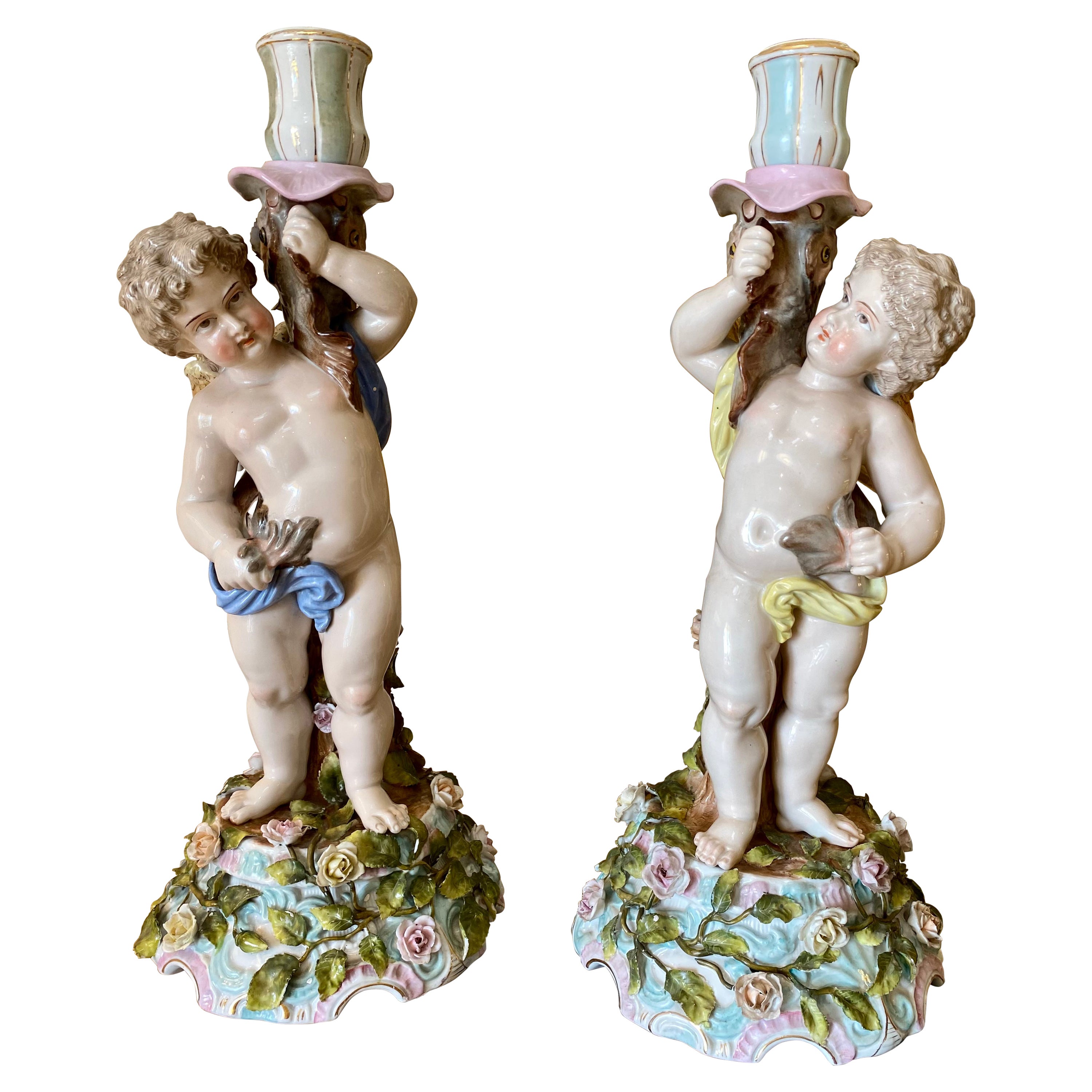 Sitzendorf, Pair of Venus and Cupid Porcelain Candlesticks, 19th Century  For Sale at 1stDibs