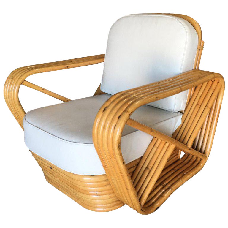 Sillón de salón de ratán Pretzel cuadrado de cinco tiras vintage restaurado de 1940