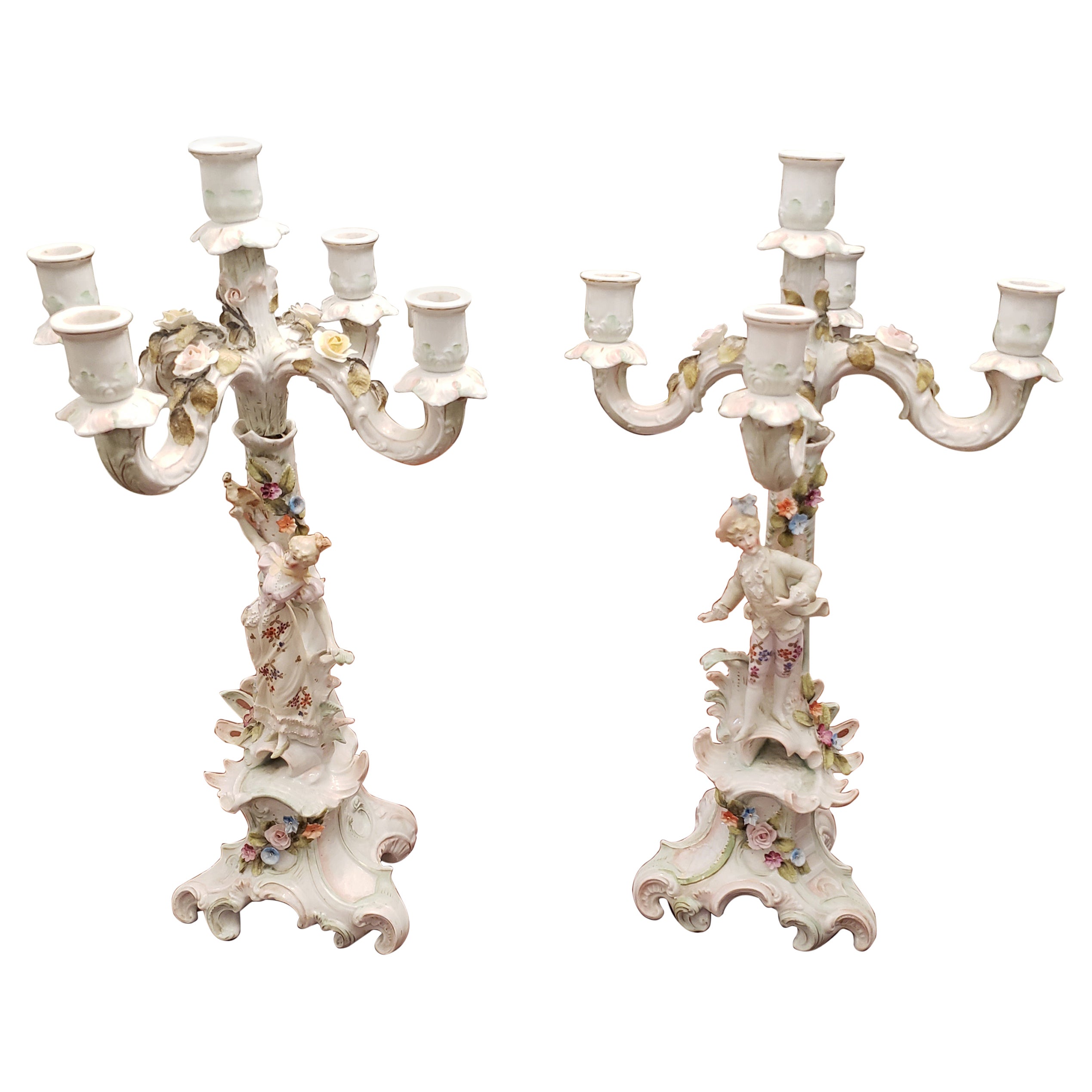 Paire de candélabres de Dresde à 5 bras en porcelaine, circa 1930