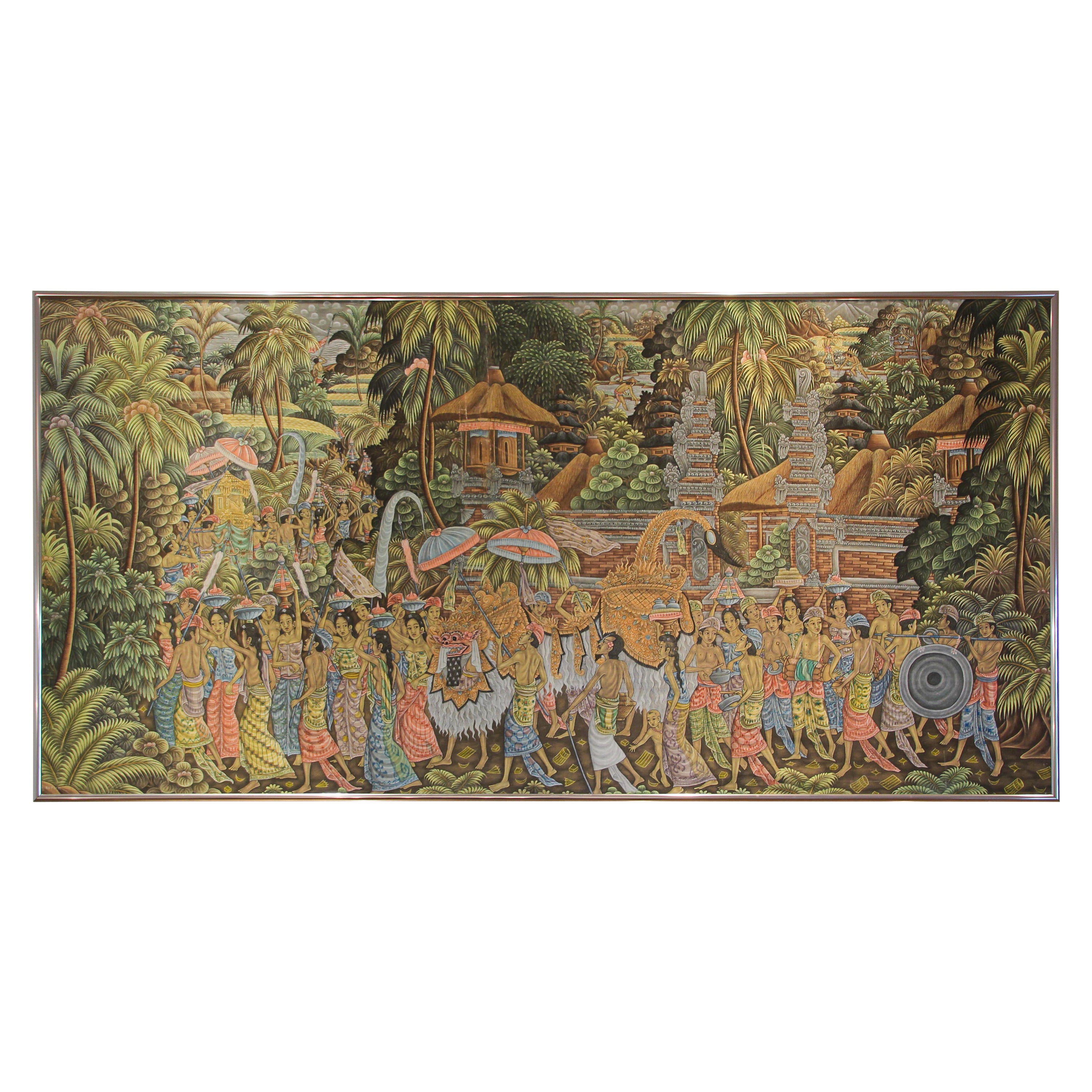 Vintage Large Balinese Painting on Silk from Ubud Bali 1960's
