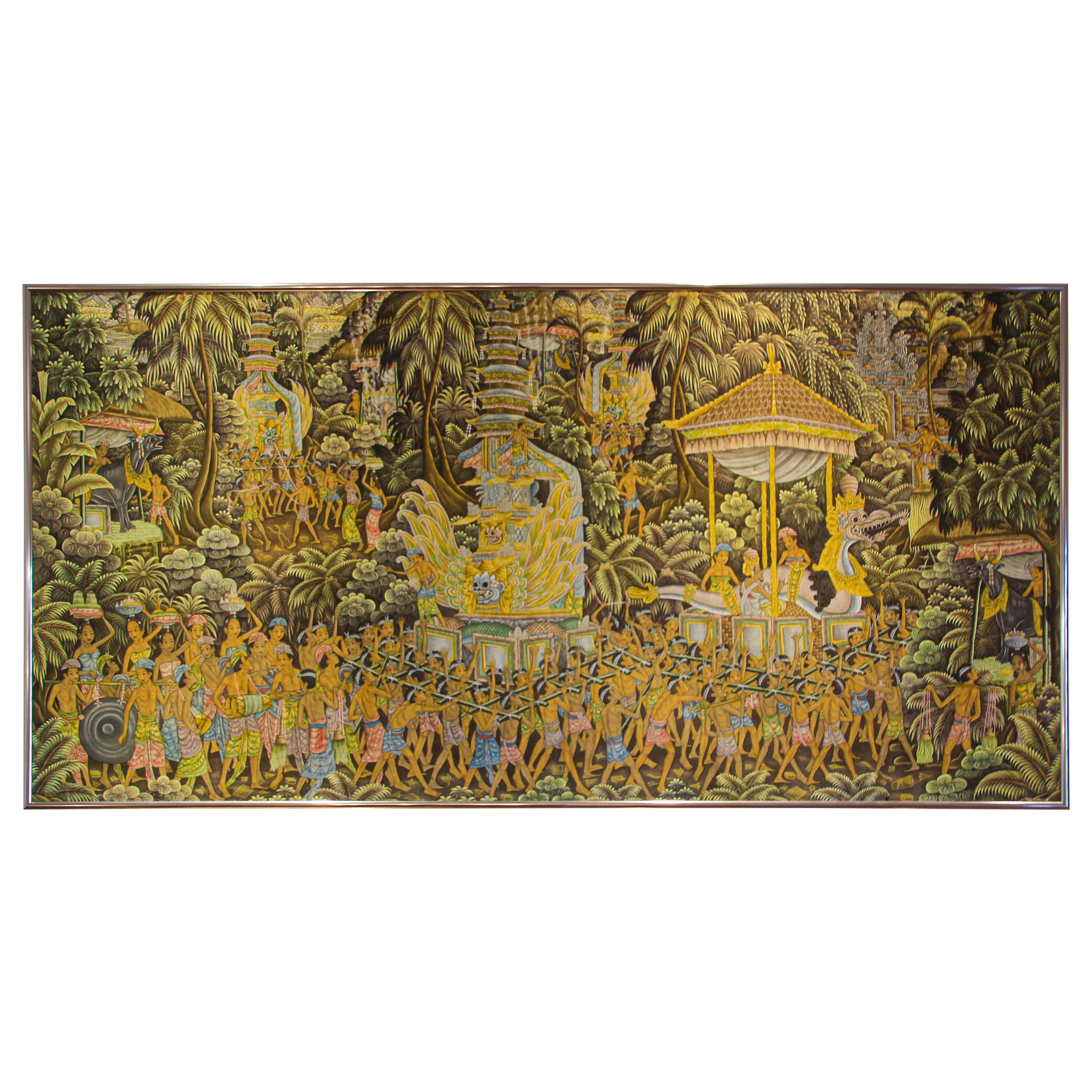 Vintage Large Balinese Painting on Silk from Ubud Bali For Sale