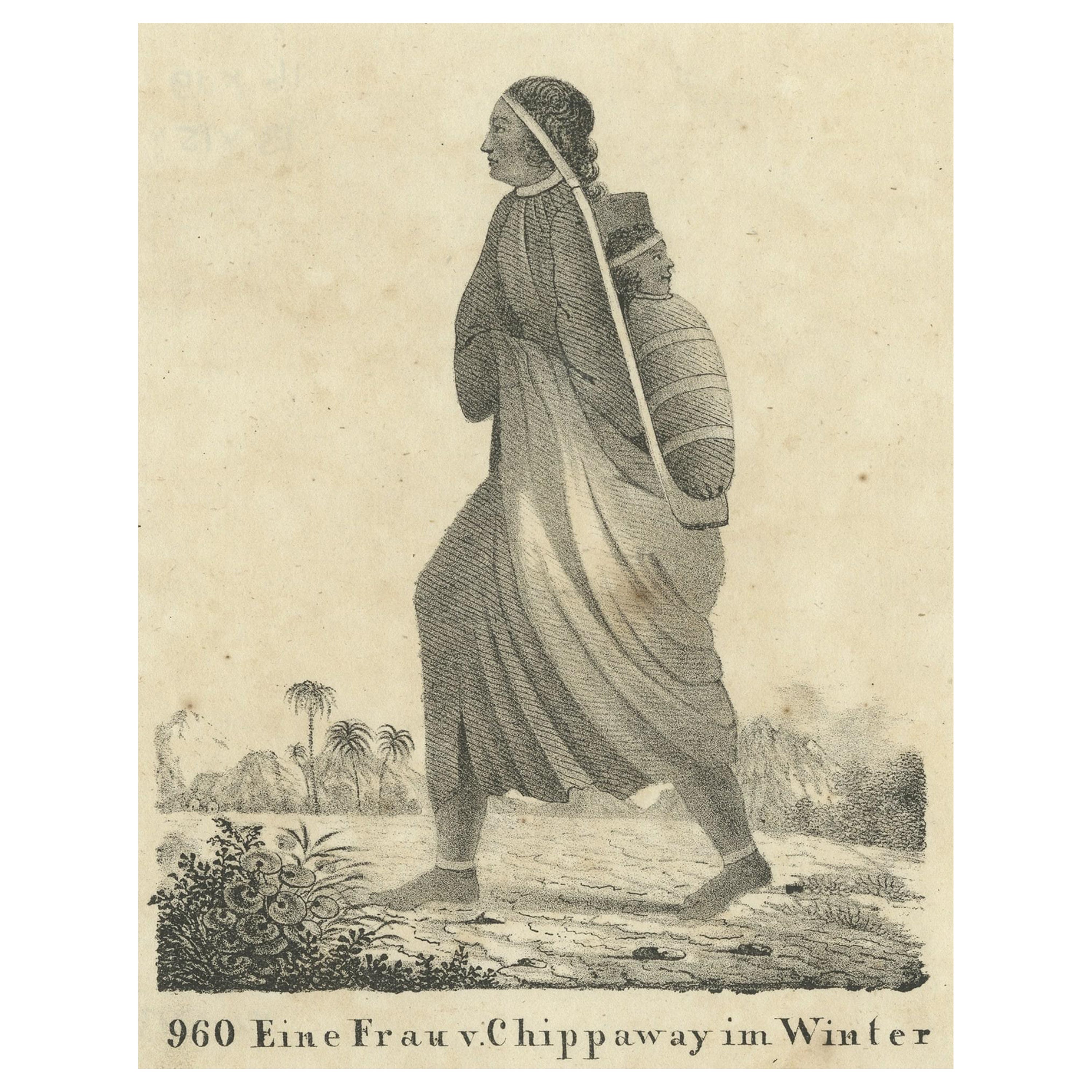Original Antique Print of a North American Chippewa Mother with Child, 1836 For Sale