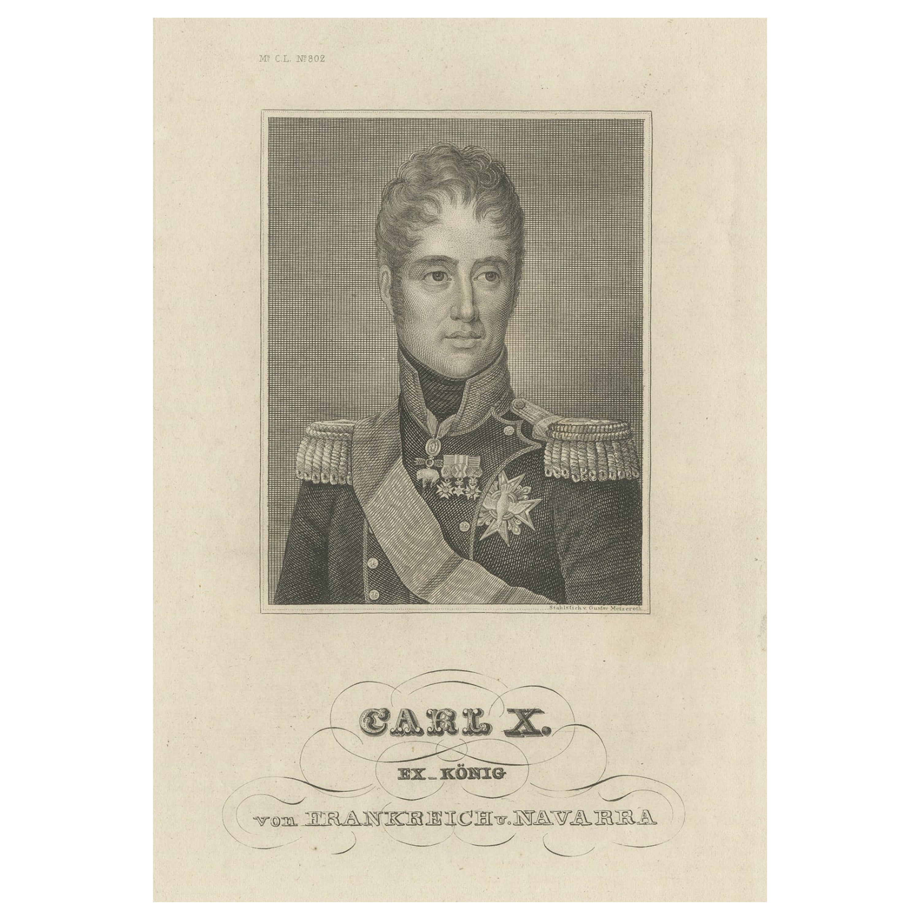 Portrait ancien original de Charles X, roi de France, ca.1840