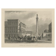 Vista original grabada en acero de la Columna del Duque de York en Londres, Inglaterra, 1840