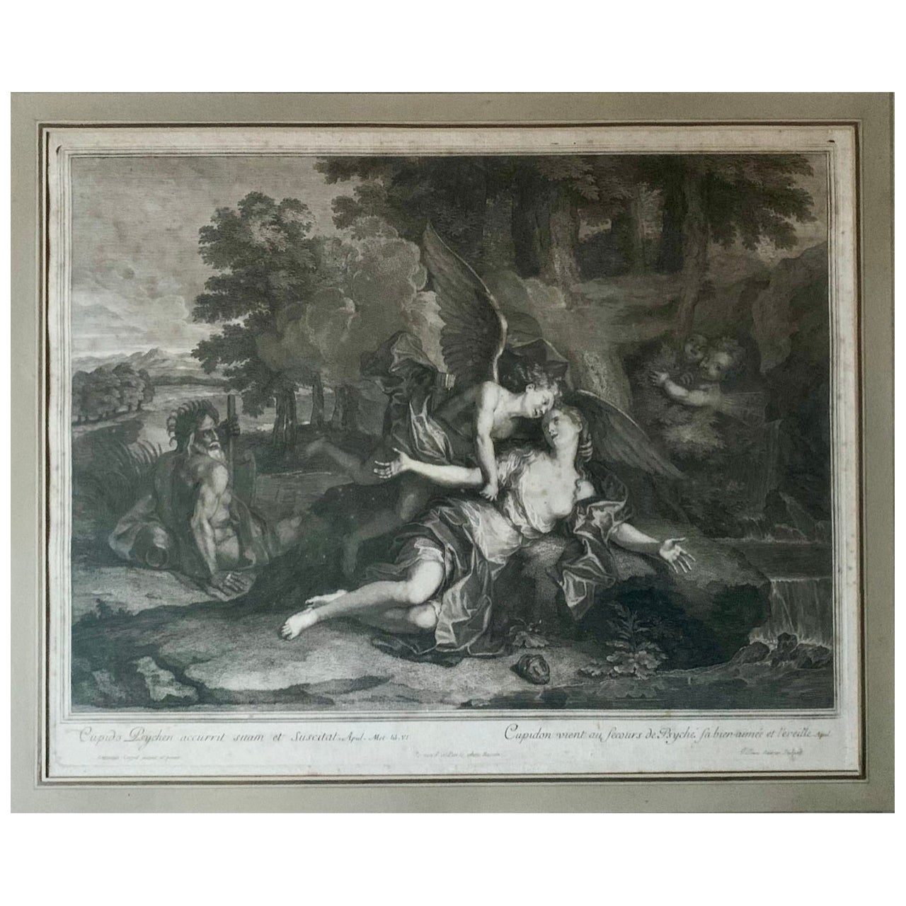 Gravure d'Antoine Coypel « Amor and Psyché » de Jean Audran, 18ème siècle