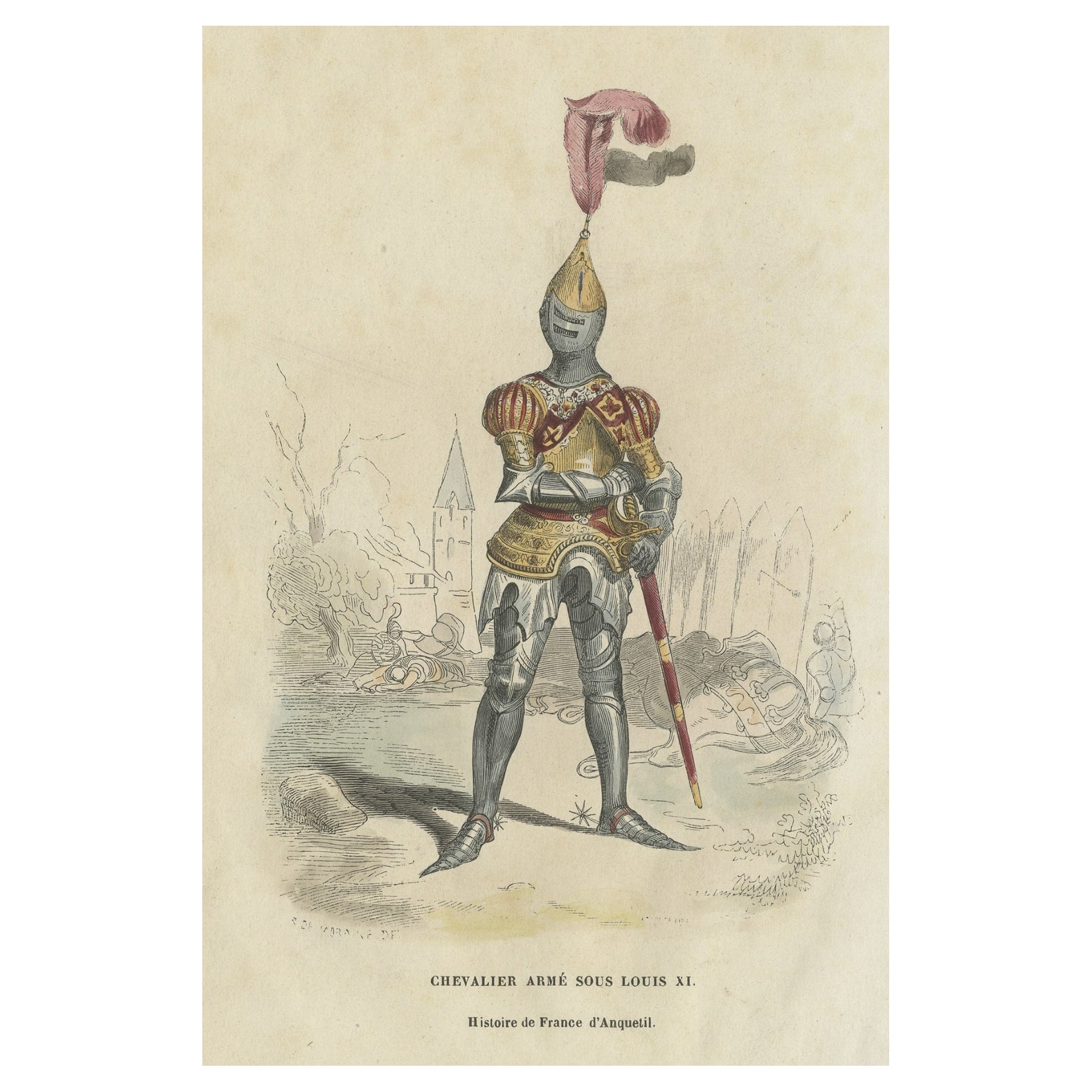Lithographie colorée à la main d'un chevalier armé sous le règne de Louis XI, vers 1860