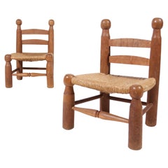 Set Rare Charles Dudouyt Oak and Rush Low Chairs, France 1950's