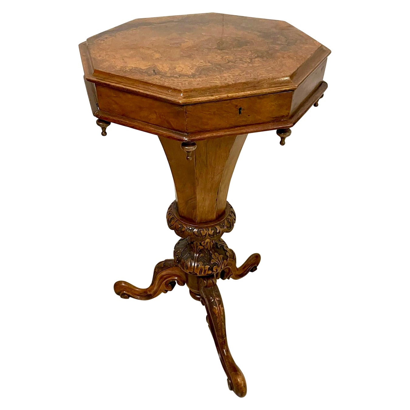 Antique Victorian Quality Burr Walnut Trumpet Work Table For Sale