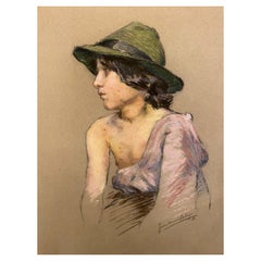 Jeanne Asimand Lahaye "Portrait of a Young Shepherd" Pastel 20th Century