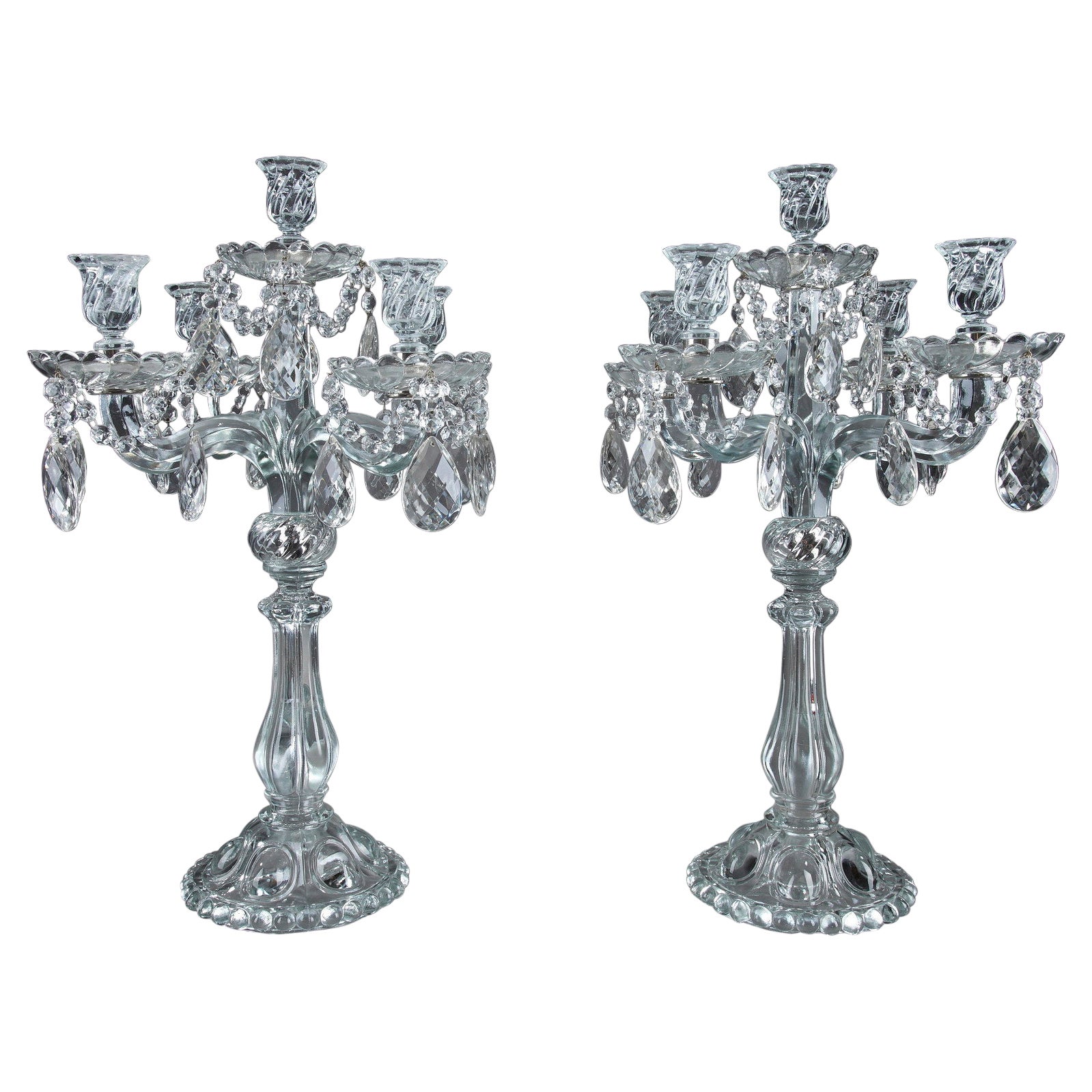 Pair of Glass Candelabras with Crystal Pendants