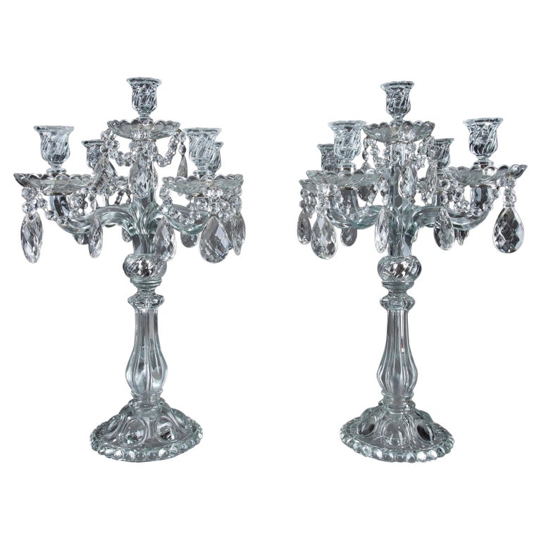 Pair of Glass Candelabras with Crystal Pendants For Sale at 1stDibs