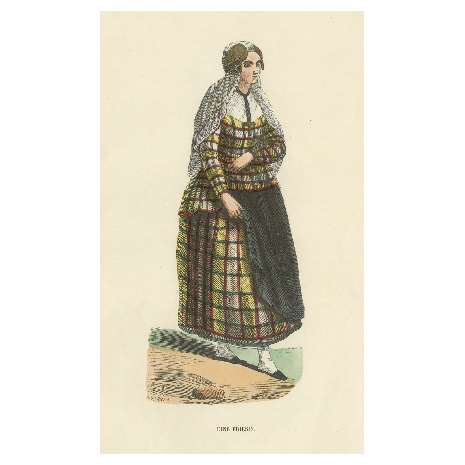 Antique Hand-Colored Print of a Woman from Friesland, The Netherlands, ca.1840 For Sale